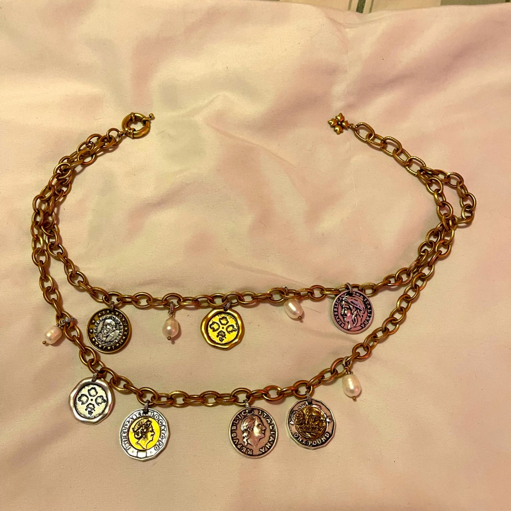 “Patricia Nash 2 Tone World Coin w FreshWater Pearl 18 in, Double Row Necklace ”